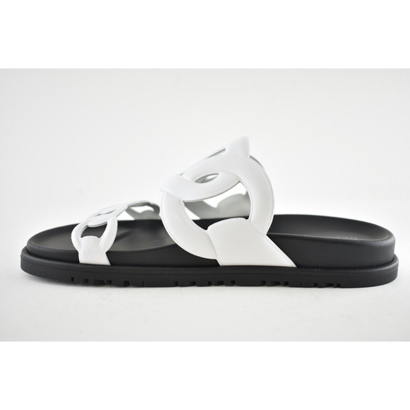 Hermes Extra Sandals White Black Chaine d'Ancre Leather Logo Slide Mule Flat 37 - Picture 8 of 12